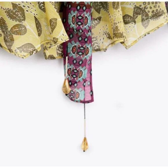 New Zara Boho Whimsy Goth Scarf Y2K Semi Sheer Jeweled Blouse Women's Size Small - Picture 5 of 7